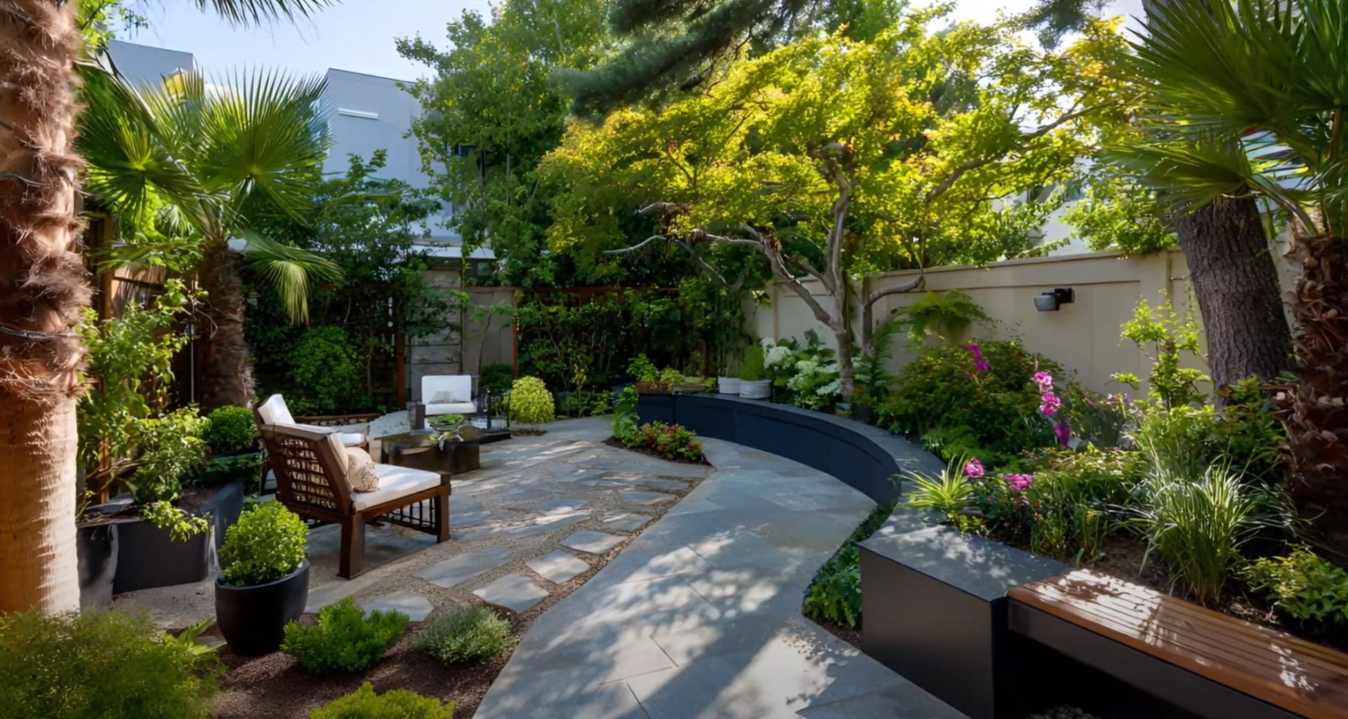 Luxury Landscape Design - Pool Area and Tropical Garden Installation Modern backyard oasis with curved pool design, tropical landscaping, and professional hardscaping features