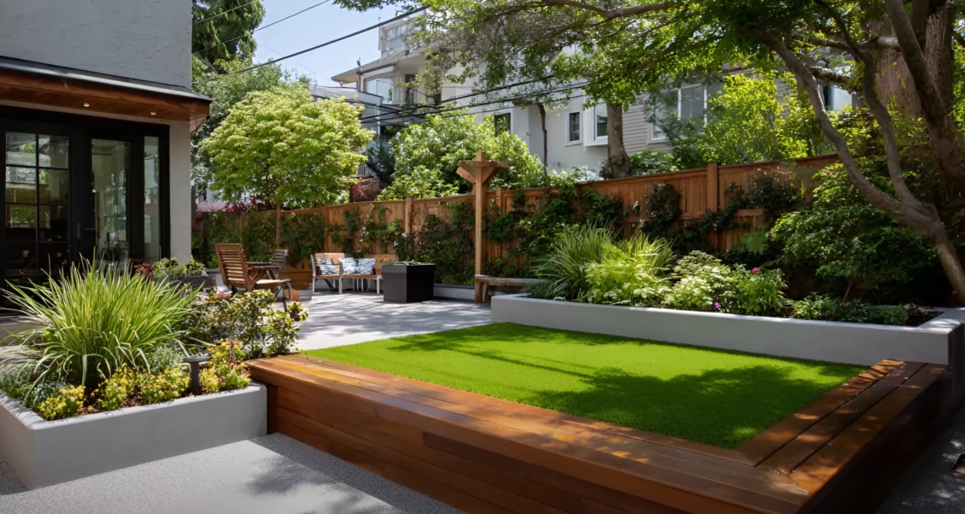 Modern Landscape Design with Clean Lines and Low-Maintenance Features Contemporary backyard featuring raised garden beds, artificial turf, and modern hardscaping